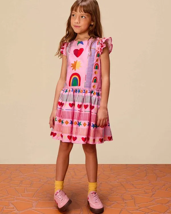 Vestido Mil Coracoes Est Mil Coracoes Fundo Rosa Algodao - 8