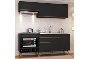 Multimóveis Armário Cozinha Modulada Compacta c/Gabinete p/Pia e Balcão p/Cooktop Veneza MP3775 Preto/Dourado 190 x 203 x 53