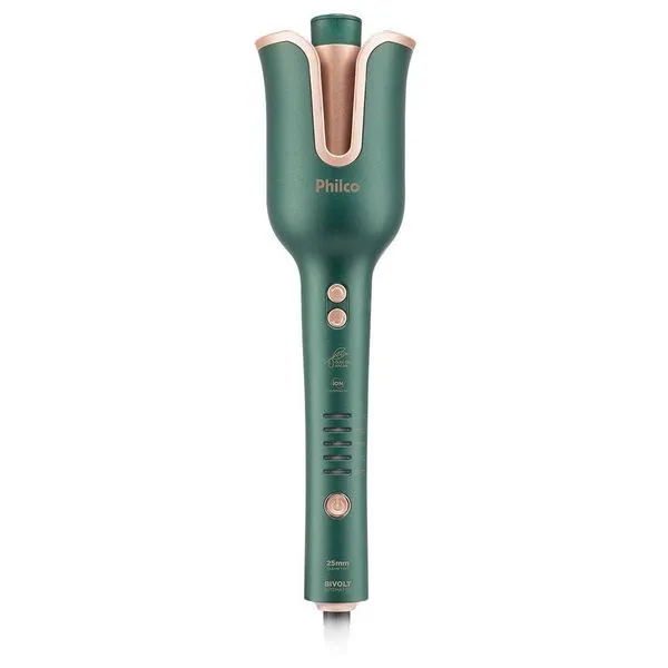 Modelador de Cachos Philco 37W Verde Bivolt Rotação Automática Cerâmica Argan 5 Temperaturas 230°C Modelador de Cachos Philco Bivolt Rotação Automática PEC16VD Bivolt