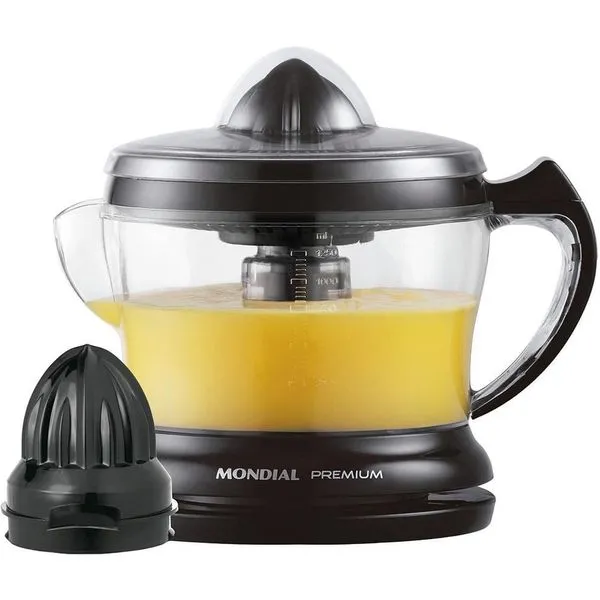 Espremedor de Frutas Elétrico Mondial 1,2L Preto Acionamento Automático 2 Cones Espremedor de Frutas Mondial Premium E-02 1,2 Litros Acionamento Automático Preto - 110v