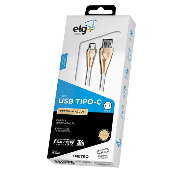 Cabo usb tipo c elg premium alloy branco e dourado 1m alcwh