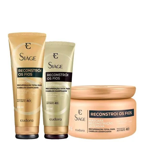 Kit Eudora Siàge Reconstrói os Fios 4D - Shampoo 250ml + Condicionador 200 ml + Máscara de Reconstrução 250 g Kit Eudora Siáge Reconstrói os Fios 4D - Shampoo 250ml + Condicionador 200 ml + Máscara de Reconstrução 250 g