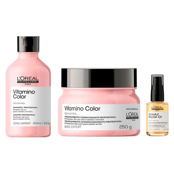 Kit Shampoo 300ml + Máscara 250g + Óleo 30ml - L'Oréal Professionnel - Serie Expert Vitamino Color + Absolut Repair