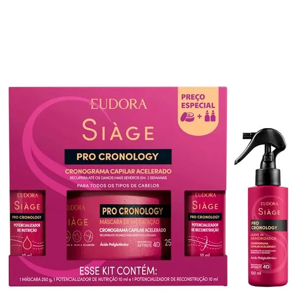 Kit Eudora Siàge Pro Cronology Cronograma Capilar Acelerado 3 Produtos + Leave-In 100ml