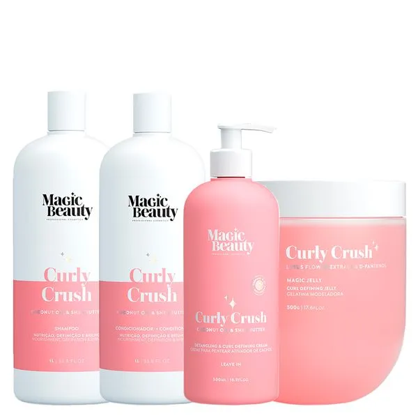 Kit Magic Beauty Curly Crush - Shampoo 1000ml + Condicionador 1000Ml+ Creme para Pentear e Ativador 500ml + Gelatina Modeladora Magic Jelly 500g Kit