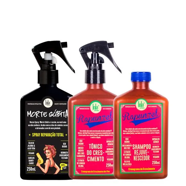 Kit Lola From Rio - Leave-In Morte Súbita 250ml + Shampoo Rapunzel 250ml + Tônico Rapunzel 250ml Kit