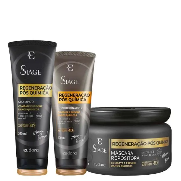 Kit Eudora Siàge Regeneração Pós Química 4D - Shampoo 250 ml + Condicionador 200 ml + Máscara Repositora 250 g Kit Eudora Siáge Regeneração Pós Química 4D - Shampoo 250 ml + Condicionador 200 ml + Máscara Repositora 250 g