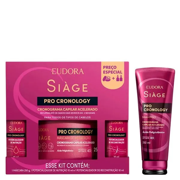Kit Eudora Siàge Pro Cronology Cronograma Capilar Acelerado 3 Produtos + Shampoo 250ml