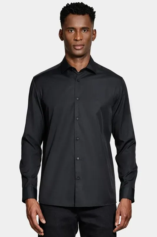 Camisa Slim Tricoline Manga Longa Preto