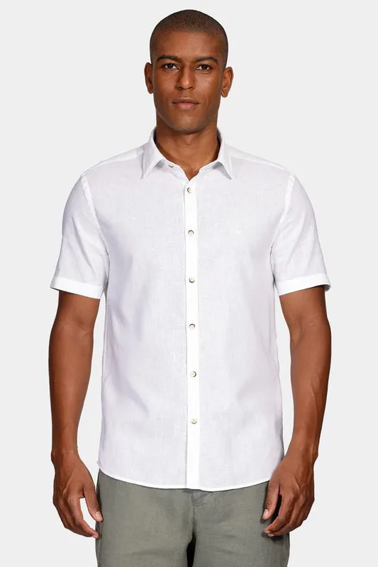 Camisa Manga Curta Slim Linho Algodão Branco - XXG