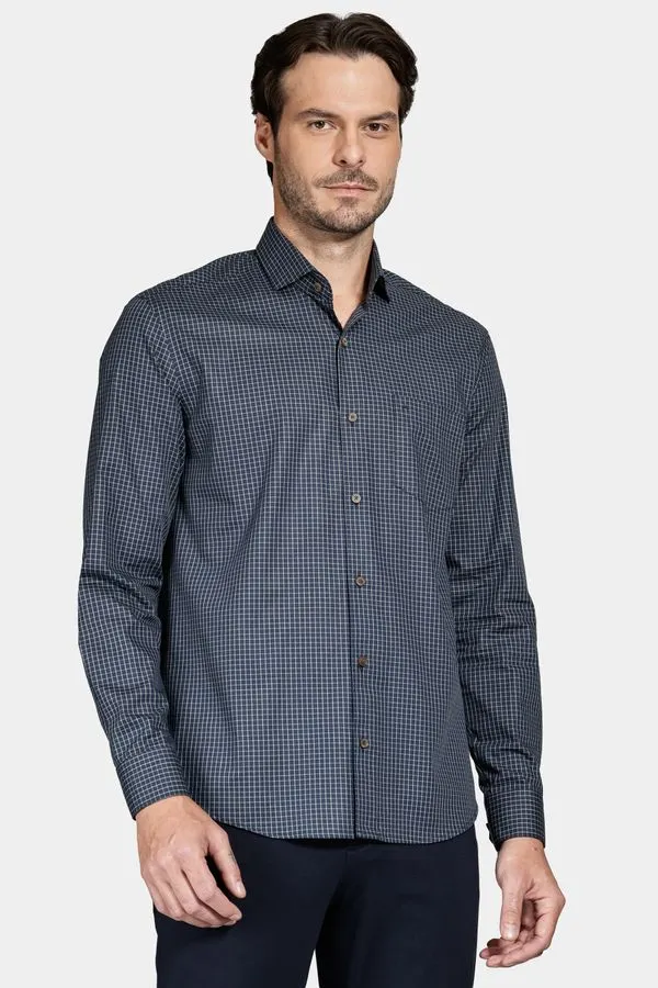 Camisa Manga Longa Regular Xadrez Marinho Com Verde - P