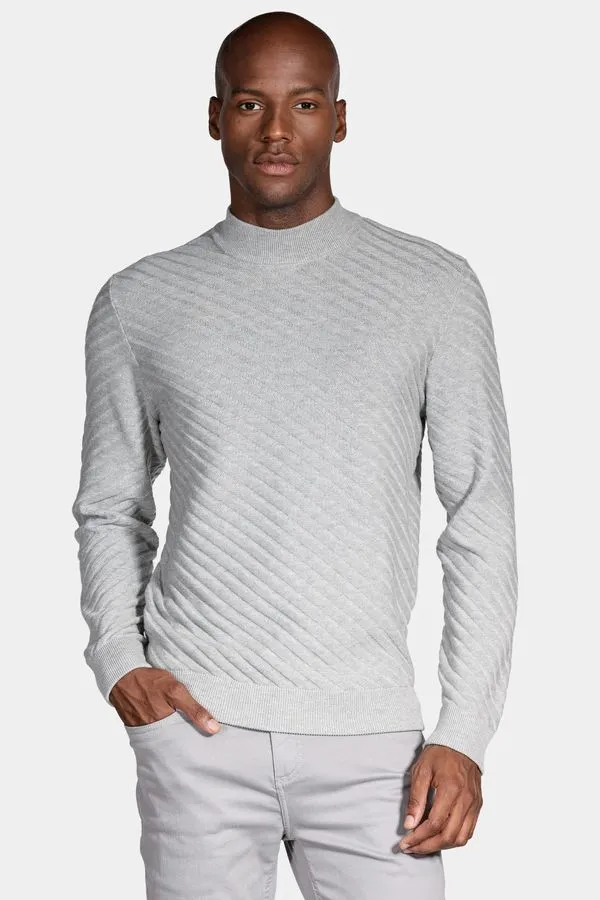 Tricot Manga Longa Gola Midi Listra Diagonal Cinza Mescla - GG