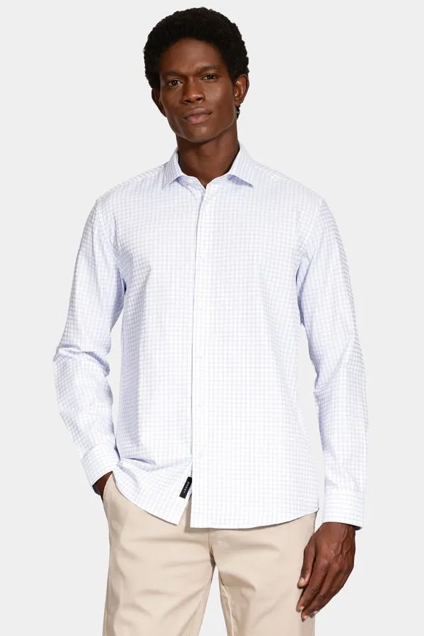 Camisa Manga Longa Regular Tricoline Maquineta Xadrez Branco Com Azul - P