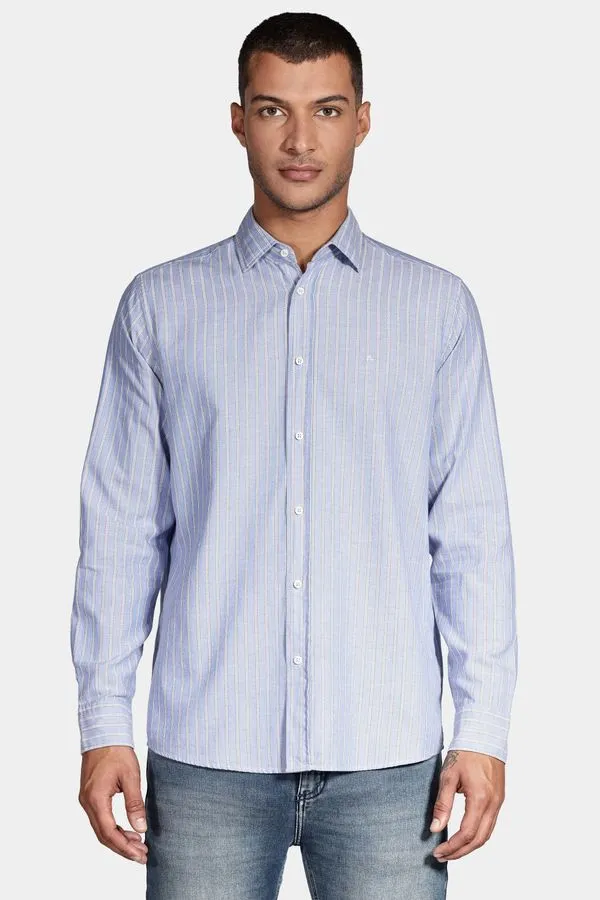 Camisa Listrada Manga Longa Azul Claro Com Branco - GG
