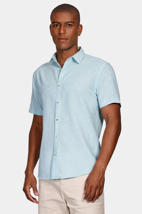 Camisa Manga Curta Slim Linho Algodão Azul Piscina - G