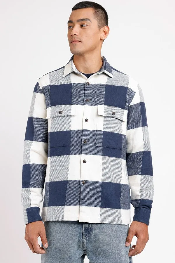 Camisa Manga Longa Overshirt em Flanela Maxi Xadrez Marinho e Off White - G