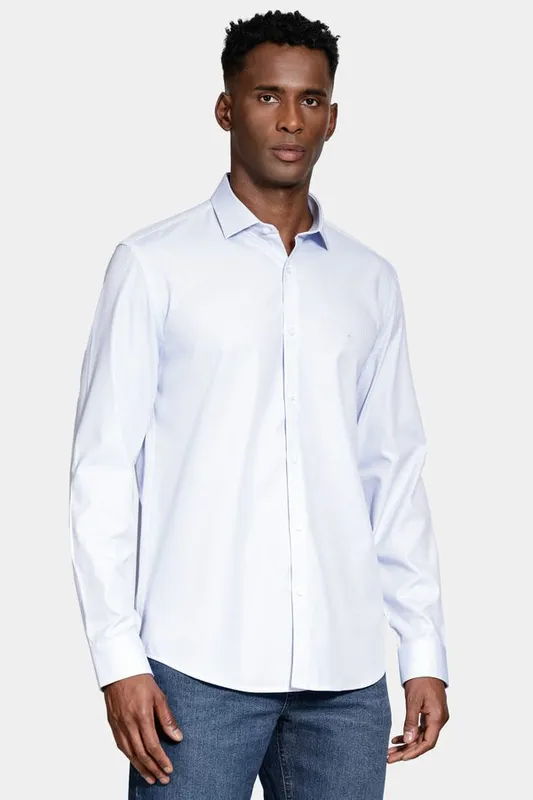 Camisa Manga Longa Regular Tricoline Algodão Textura Azul Claro - P