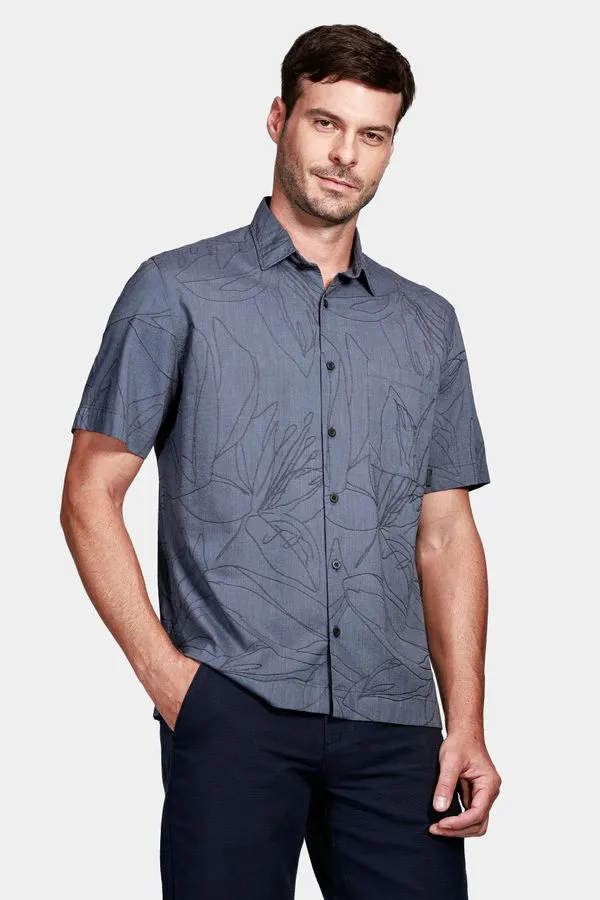 Camisa Manga Curta Move Regular Ampla em Jaccquard Floral Com Bolso Marinho - XGG