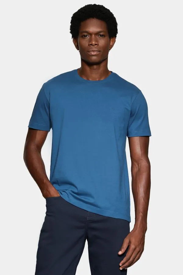 Camiseta Manga Curta Bordado Básica Azul Petroleo - M