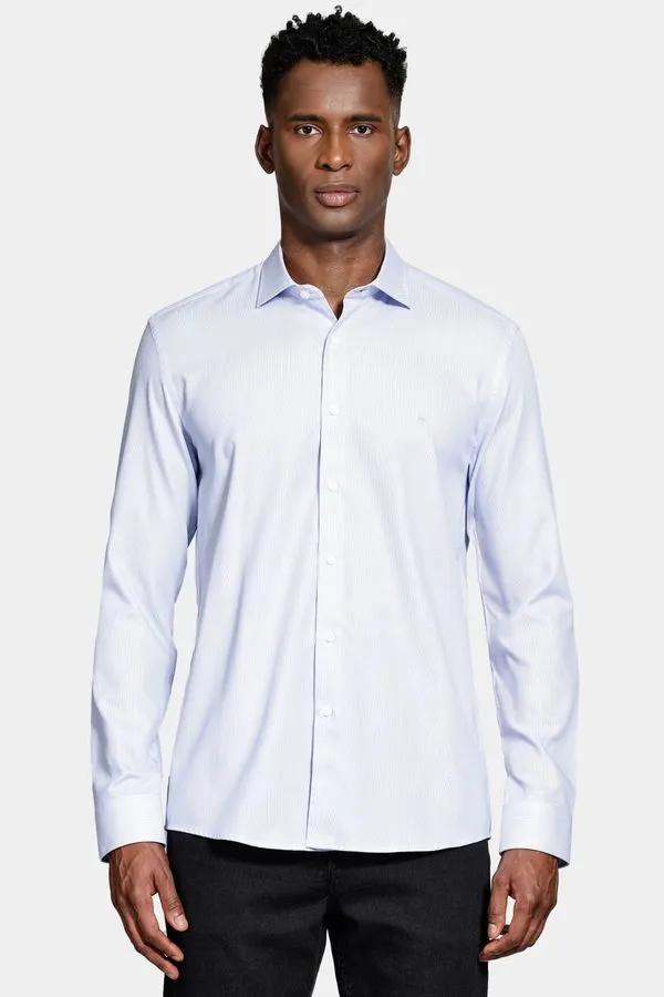 Camisa Slim Tricoline Maquinetada Manga Longa Azul Claro - XGG