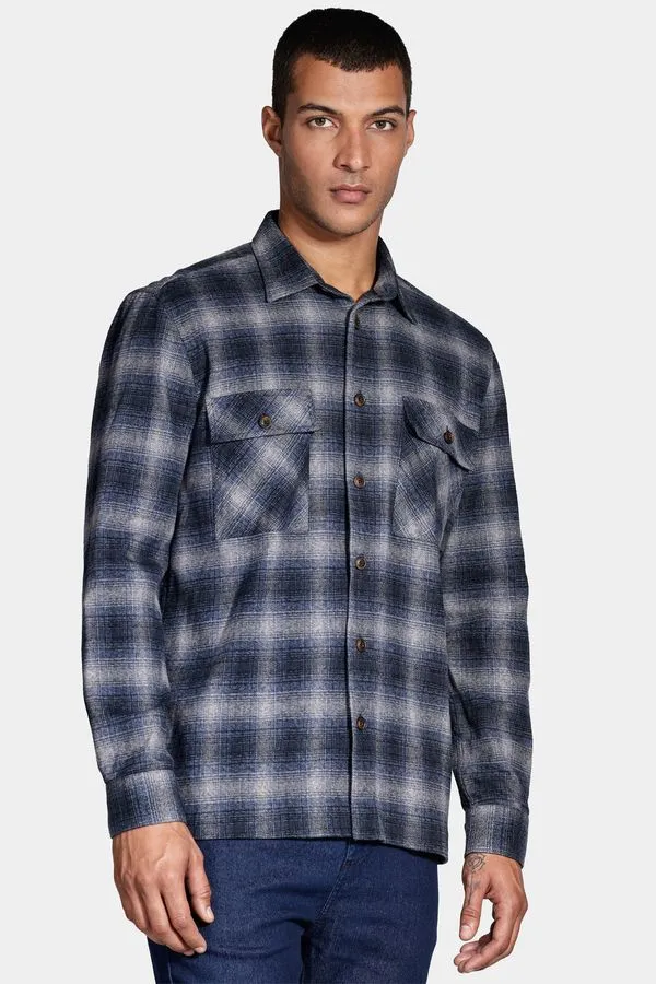 Camisa Manga Longa Regular Overshirt Winter Cotton Xadrez Cinza/Azul Jeans - P