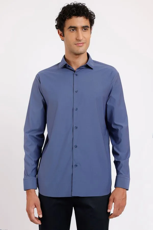 Camisa Manga Longa Regular Tech Flex Falso Liso Azul Escuro - P