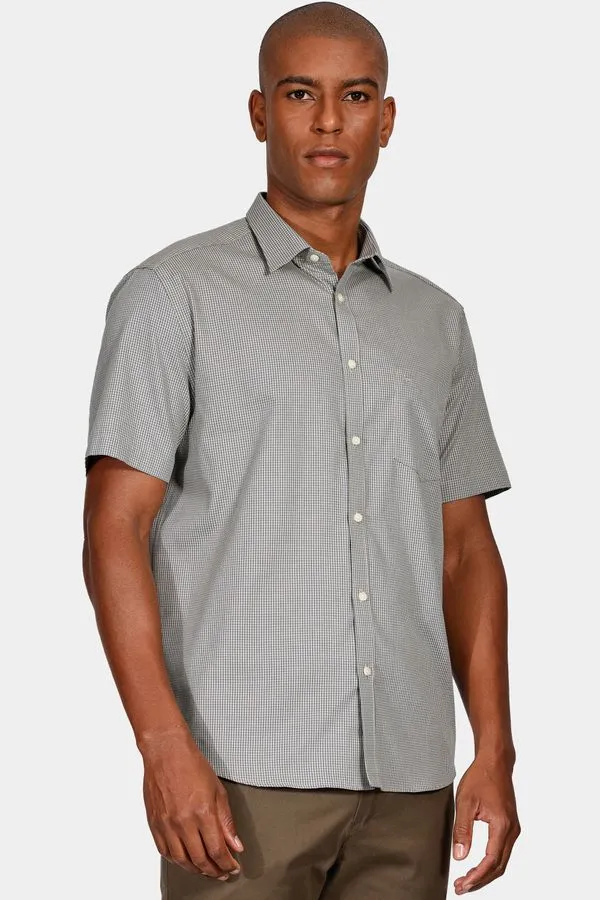 Camisa Regular Micro Xadrez Damero Com Bolso Areia e Azul - M