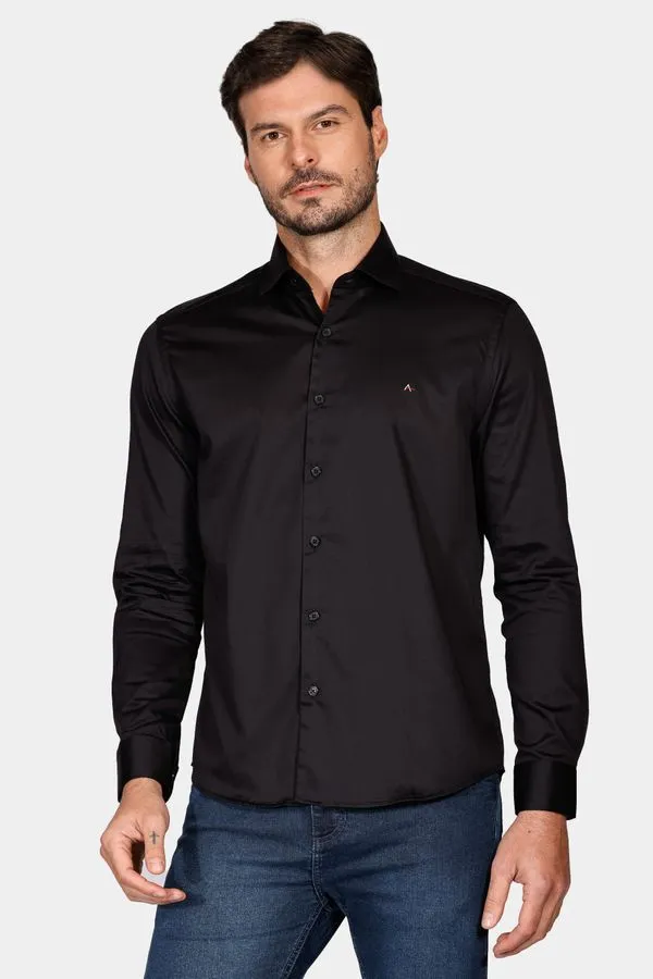 Camisa Manga Longa Slim Tricoline Fio 60 Preto - P