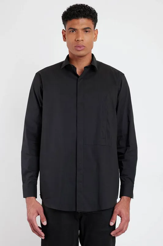 Camisa Manga Longa Silk Off And Black Regular Com Bolso Preto - P