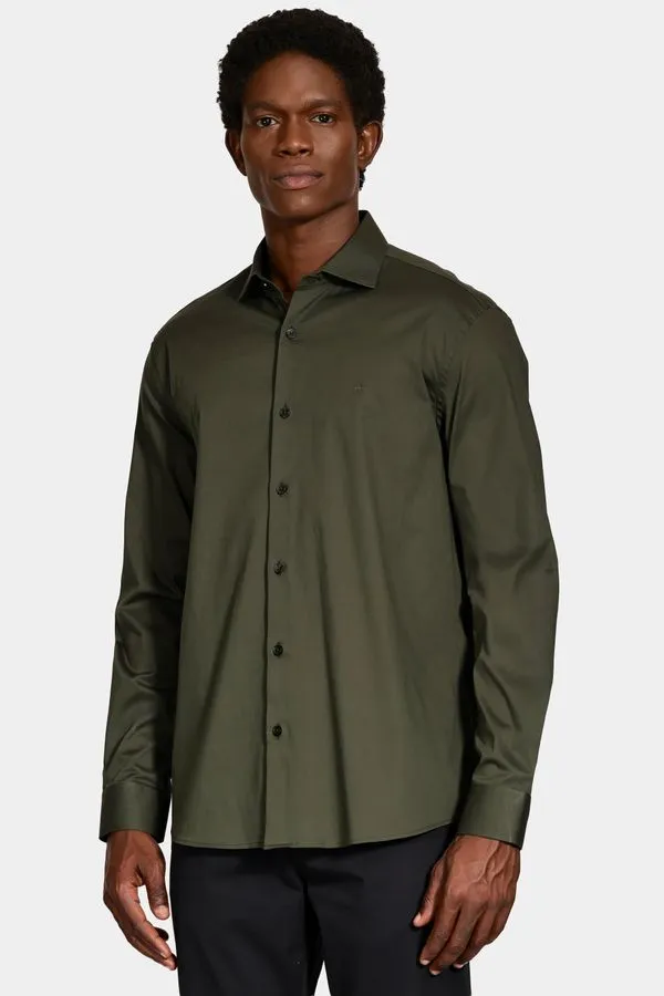 Camisa Manga Longa Slim Tricoline Stretch Verde Militar - P