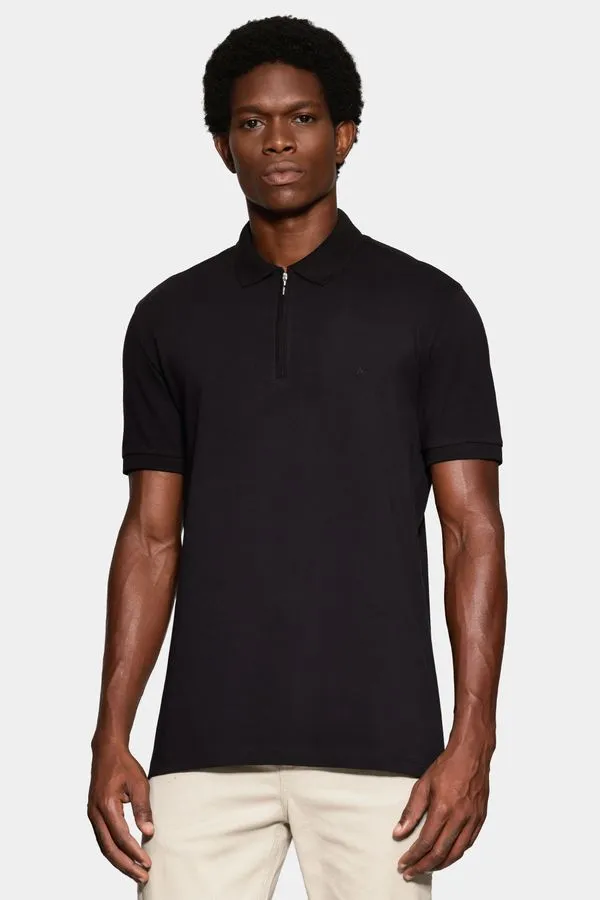 Polo Manga Curta Ziper Piquet Simples Preto - XGG