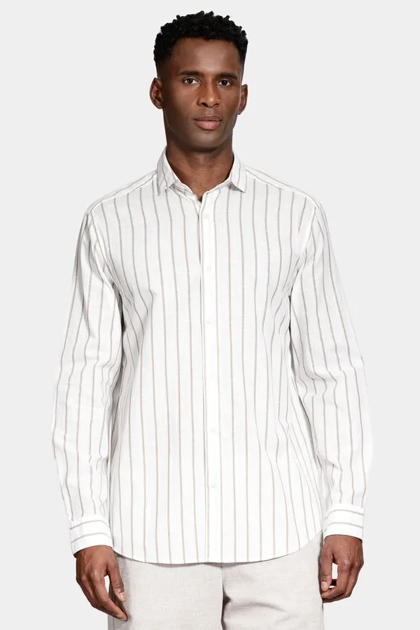 Camisa Manga Longa Regular Algodão Listrado Flamê Branco Com Caqui - G