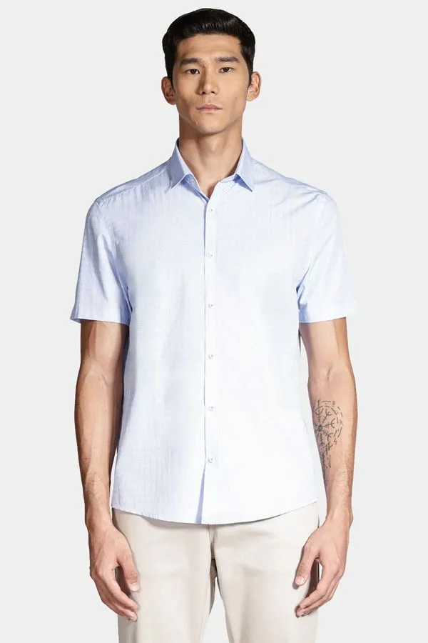 Camisa Manga Curta Regular Viscose Micro Xadrez Branco Com Azul Claro - G