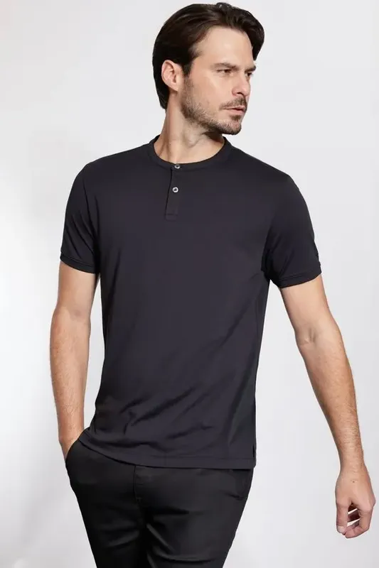 Camiseta Manga Curta Henley Pima Performing Preto - M