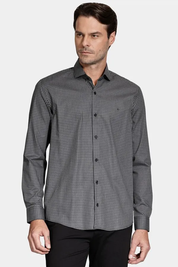 Camisa Manga Longa Slim Mini Xadrez Preto Com Cinza - P