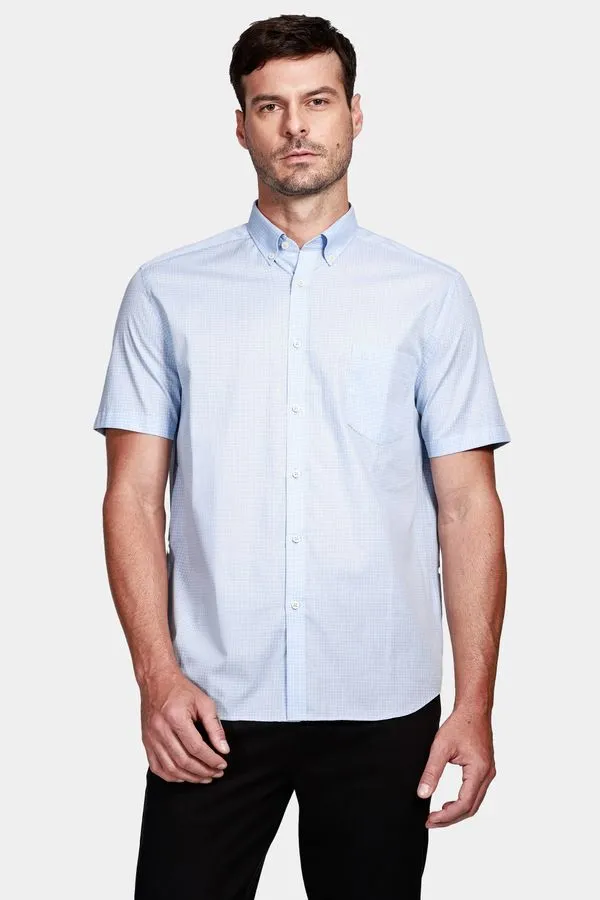 Camisa Manga Curta Regular Button-Down Com Bolso Azul Claro Com Branco - G