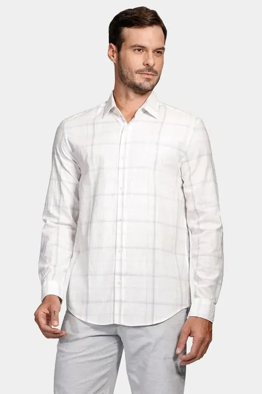 Camisa Manga Longa Regular Flamê Xadrez Pontilhado Off White Com Azul - P