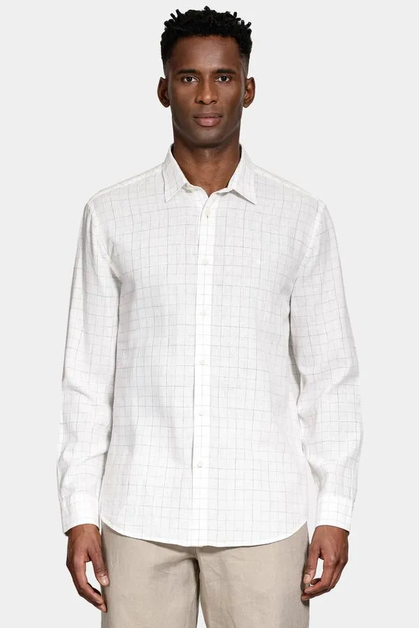 Camisa Manga Longa Regular Linho Jacquard Xadrez Branco Com Caqui - M