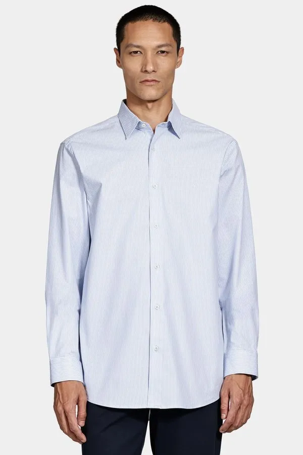Camisa Manga Longa Algodão Listrada Stretch Azul Com Branco - M