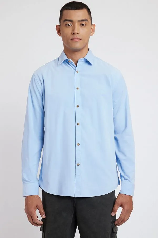 Camisa Manga Longa Slim em Veludo Cotelê Azul Claro - G