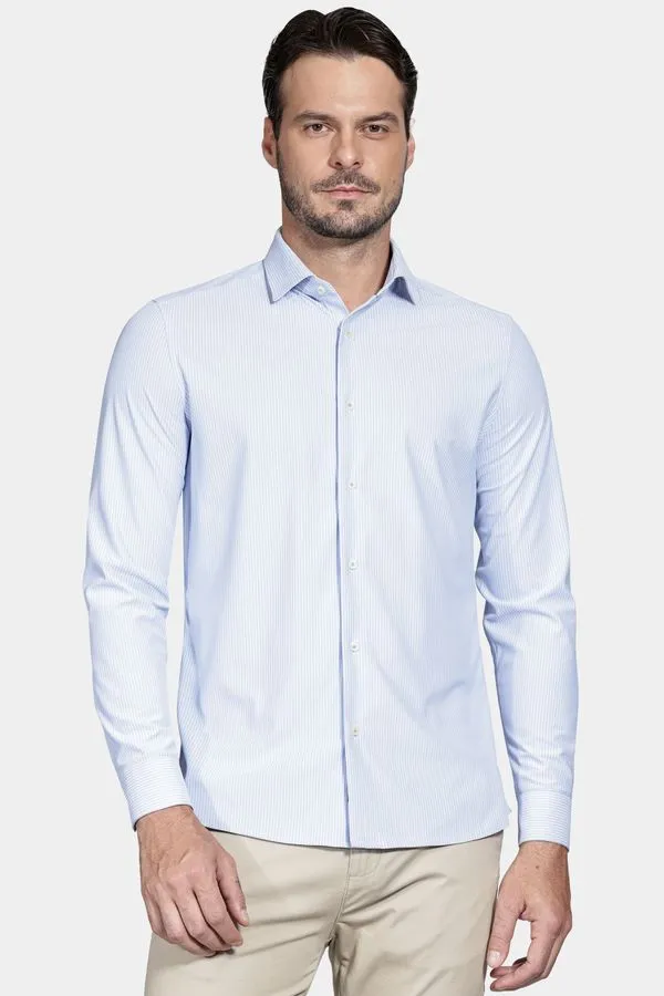 Camisa Slim Listrada Azul Claro Com Branco - GG