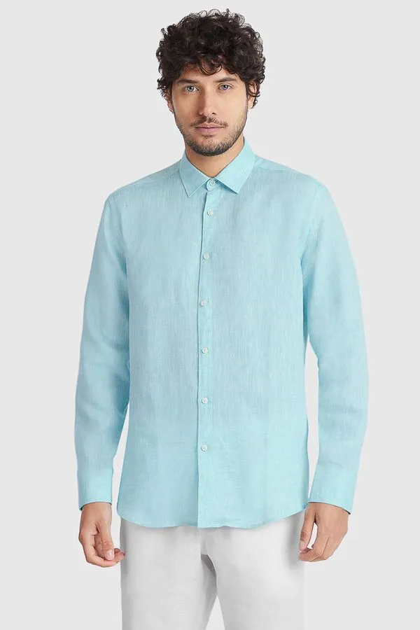 Camisa Manga Longa Slim em Linho Irlandês Aqua - P