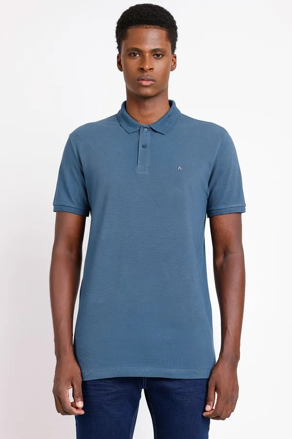 Polo Manga Curta Friso Jacquard Azul Médio - P