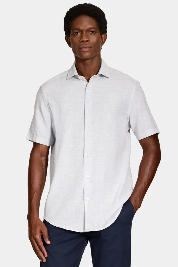 Camisa Manga Curta Slim Linho Mescla Azul - M