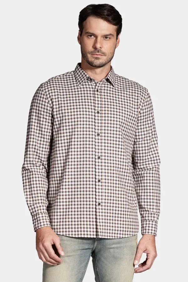 Camisa Manga Longa Regular em Flanela Xadrez Óptico Off White Com Ferrugem - P