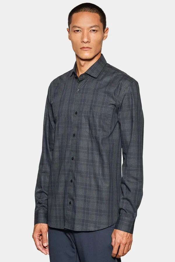 Camisa Manga Longa Slim Mini Xadrez Preto Com Cinza - G