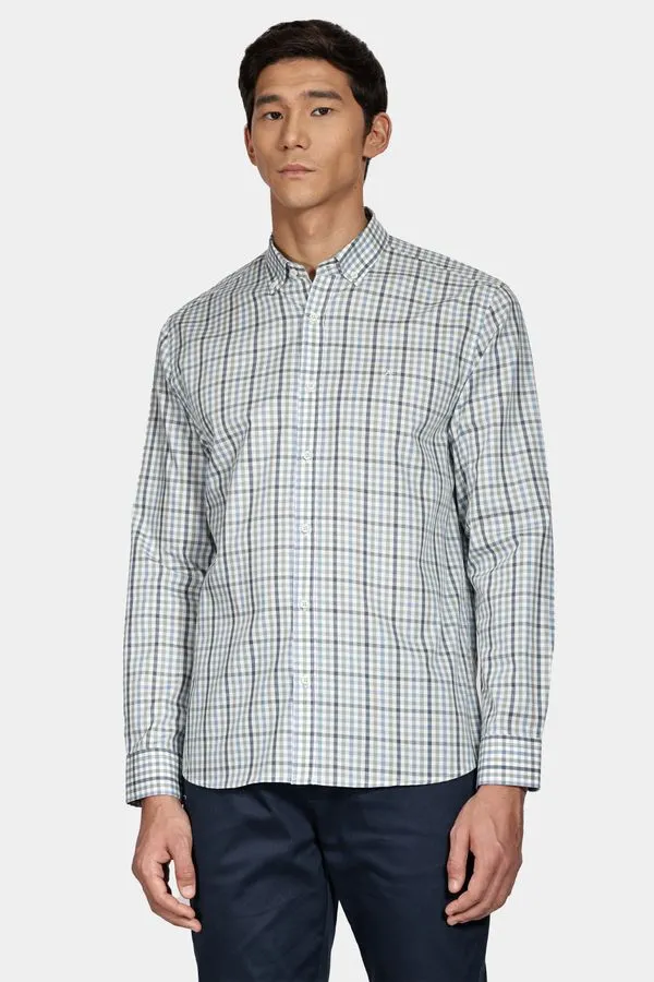 Camisa Slim Tricoline Xadrez Branco Com Verde - G