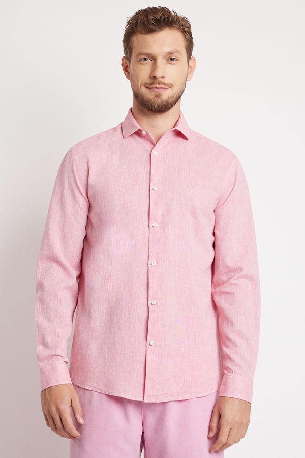 Camisa Manga Longa Regular em Linho e Algodão Coral - P