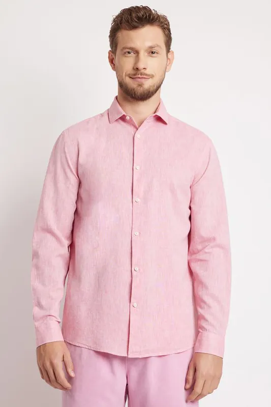 Camisa Manga Longa Regular em Linho e Algodão Coral - P