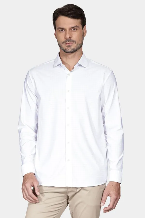 Camisa Manga Longa Regular Tech Flex Xadrez Falso Liso Branco Com Azul Claro - M